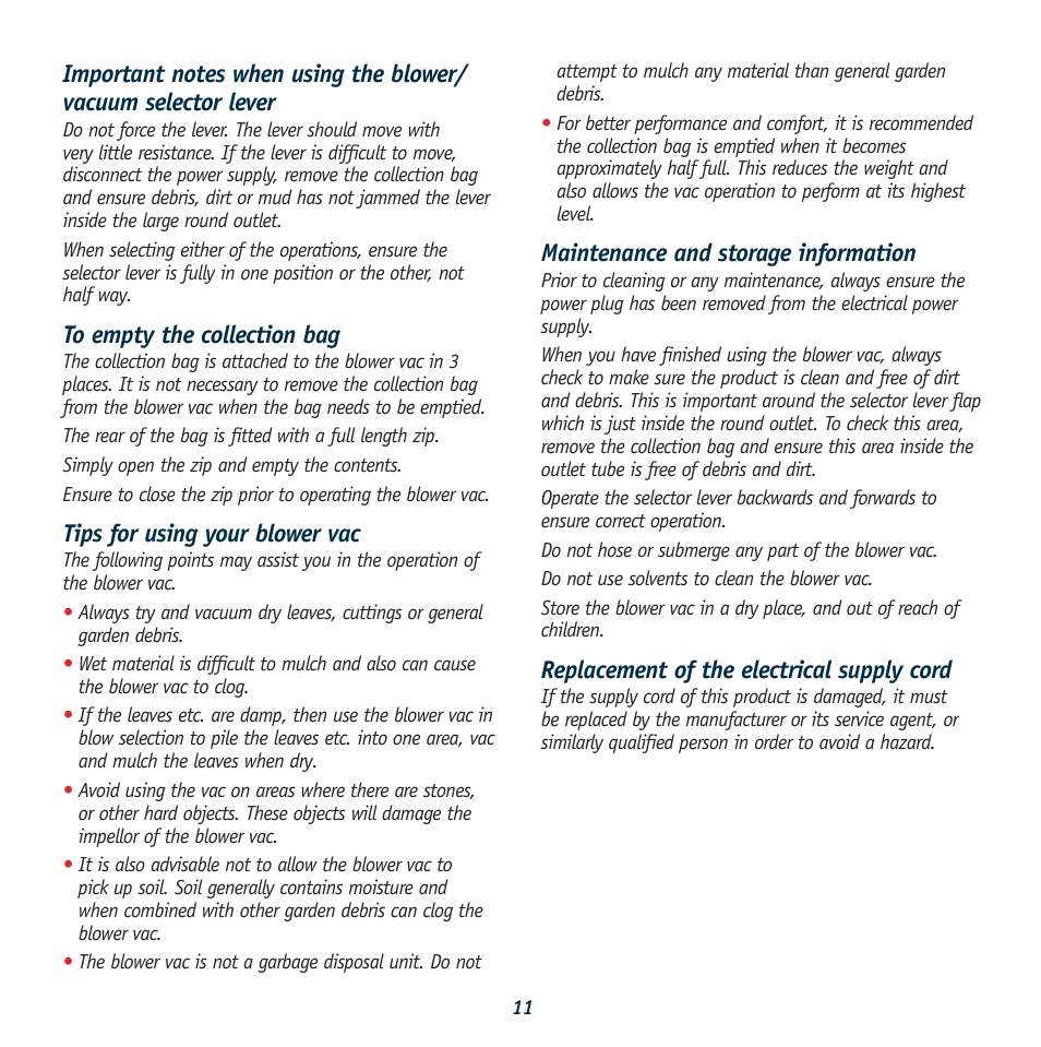 Tips for using your blower vac, Maintenance and storage information, Replacement of the electrical supply cord | Global Machinery Company ST1800 User Manual | Page 11 / 12