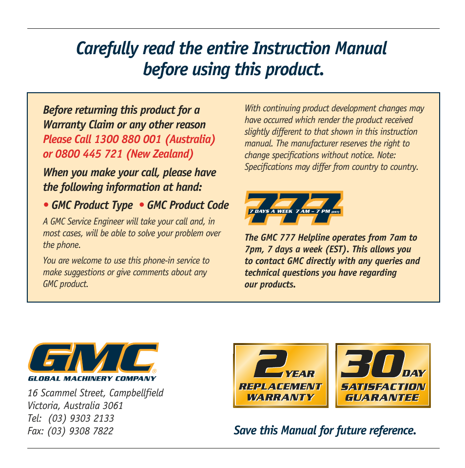 Global Machinery Company ST1800 User Manual | Page 12 / 12