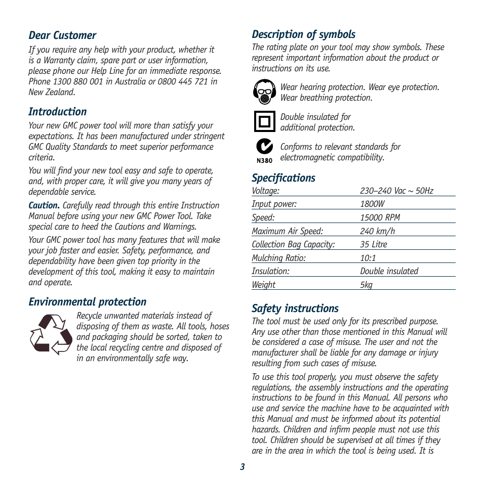 Description of symbols, Specifications, Safety instructions | Dear customer, Introduction, Environmental protection | Global Machinery Company ST1800 User Manual | Page 3 / 12