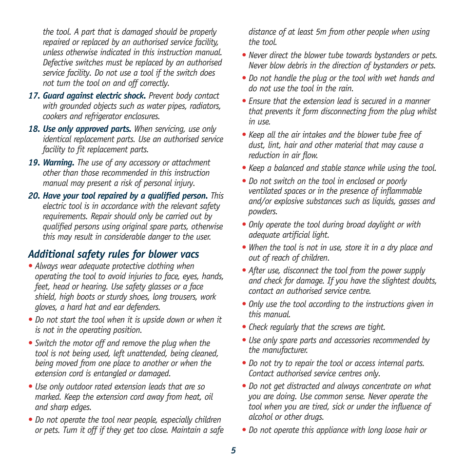 Additional safety rules for blower vacs | Global Machinery Company ST1800 User Manual | Page 5 / 12