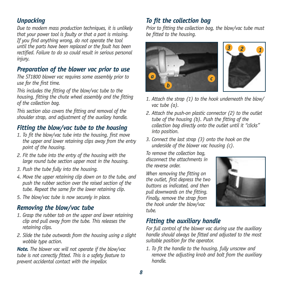 Unpacking, Preparation of the blower vac prior to use, Fitting the blow/vac tube to the housing | Removing the blow/vac tube, Fitting the auxiliary handle | Global Machinery Company ST1800 User Manual | Page 8 / 12