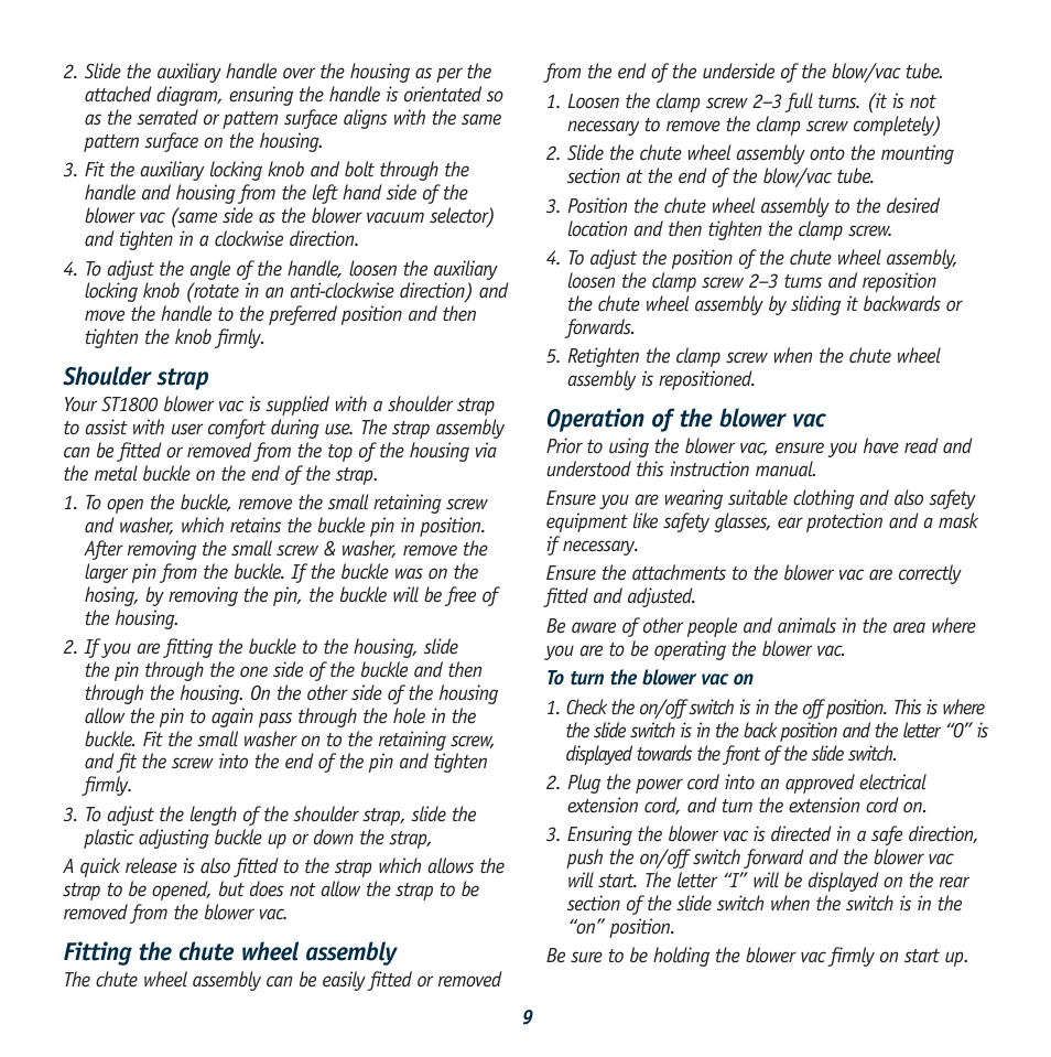 Shoulder strap, Fitting the chute wheel assembly, Operation of the blower vac | Global Machinery Company ST1800 User Manual | Page 9 / 12