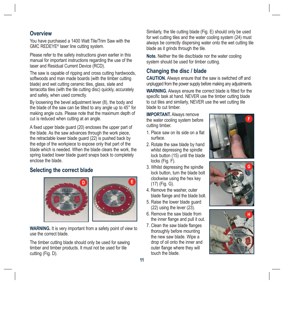 Overview, Selecting the correct blade, Changing the disc / blade | Global Machinery Company TTS5000M User Manual | Page 11 / 20
