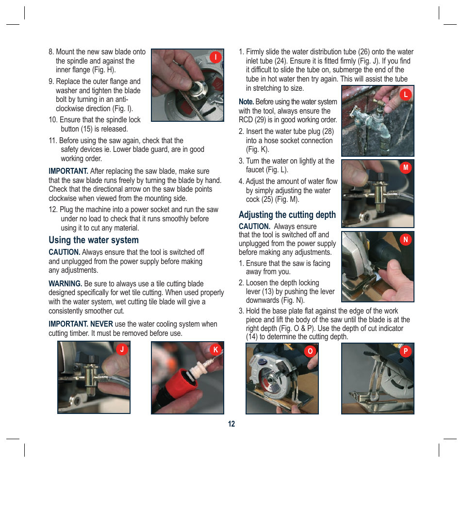 Using the water system, Adjusting the cutting depth | Global Machinery Company TTS5000M User Manual | Page 12 / 20