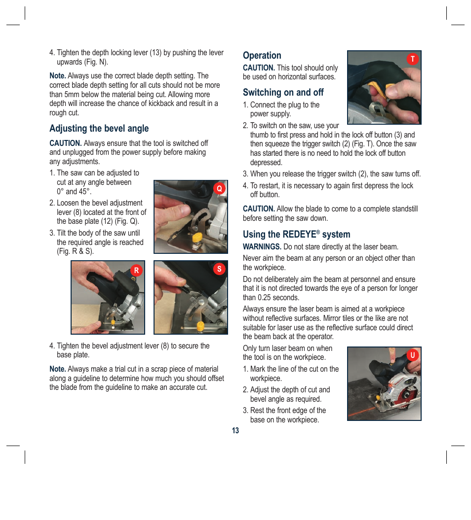 Adjusting the bevel angle, Operation, Switching on and off | Using the redeye, System | Global Machinery Company TTS5000M User Manual | Page 13 / 20
