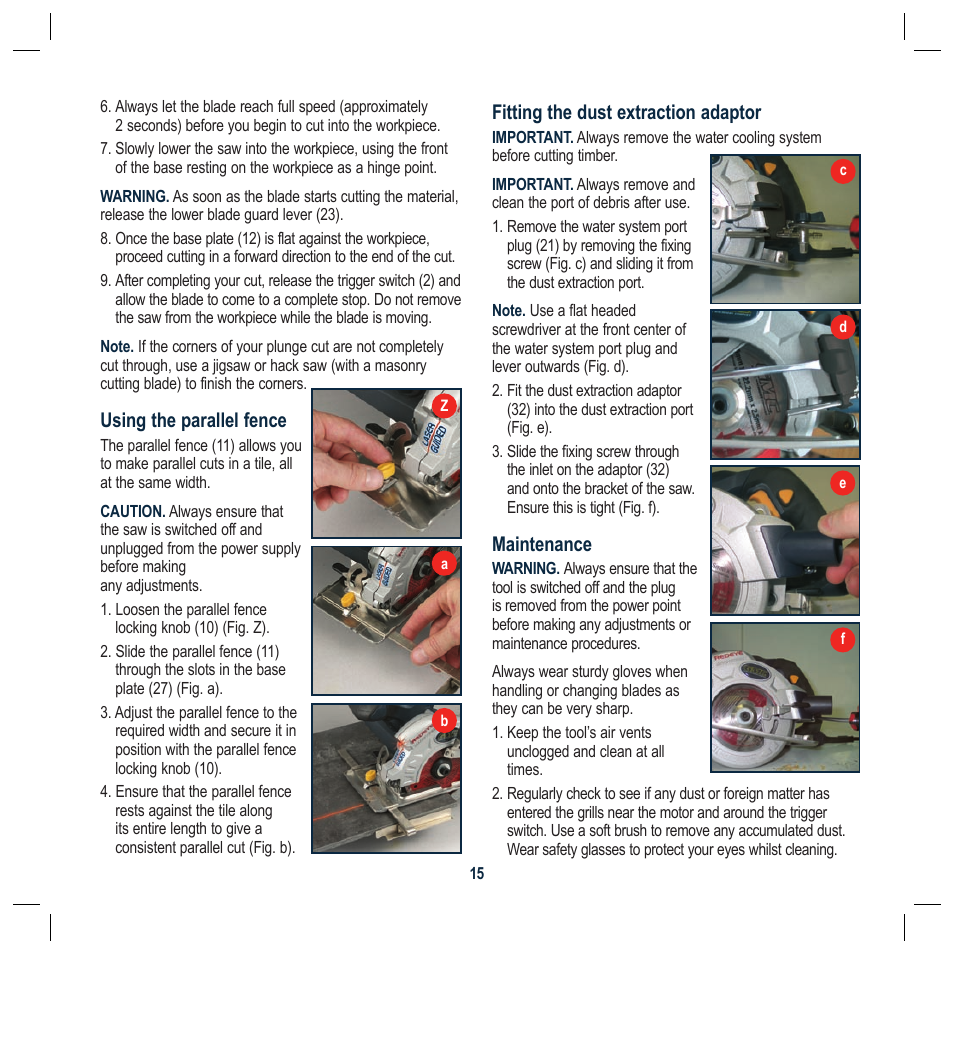 Using the parallel fence, Fitting the dust extraction adaptor, Maintenance | Global Machinery Company TTS5000M User Manual | Page 15 / 20