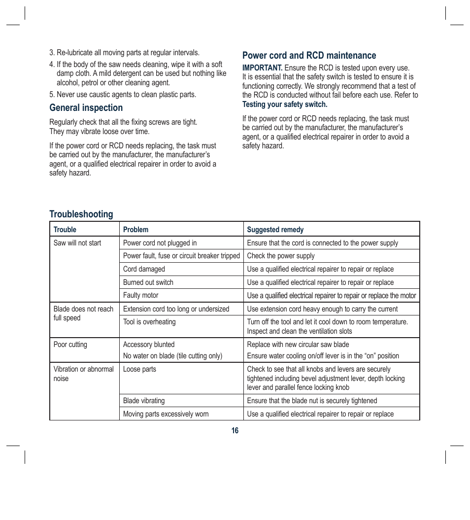 General inspection, Power cord and rcd maintenance, Troubleshooting | Global Machinery Company TTS5000M User Manual | Page 16 / 20