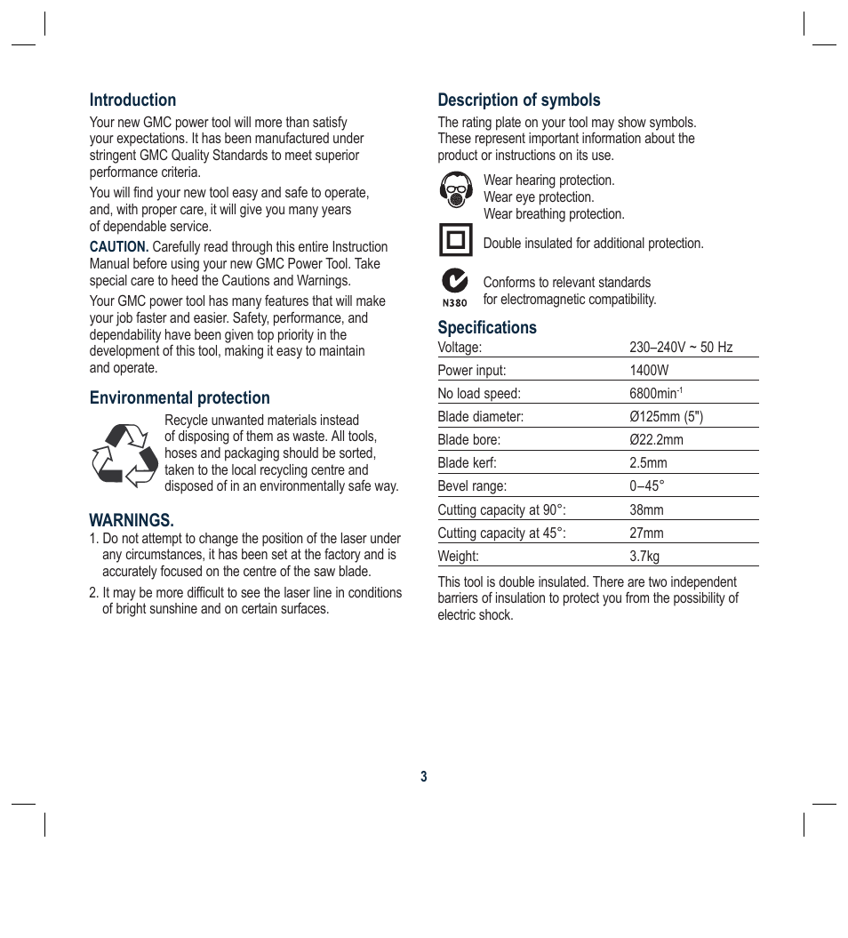 Description of symbols, Specifications, Dear customer | Introduction, Environmental protection, Warnings | Global Machinery Company TTS5000M User Manual | Page 3 / 20