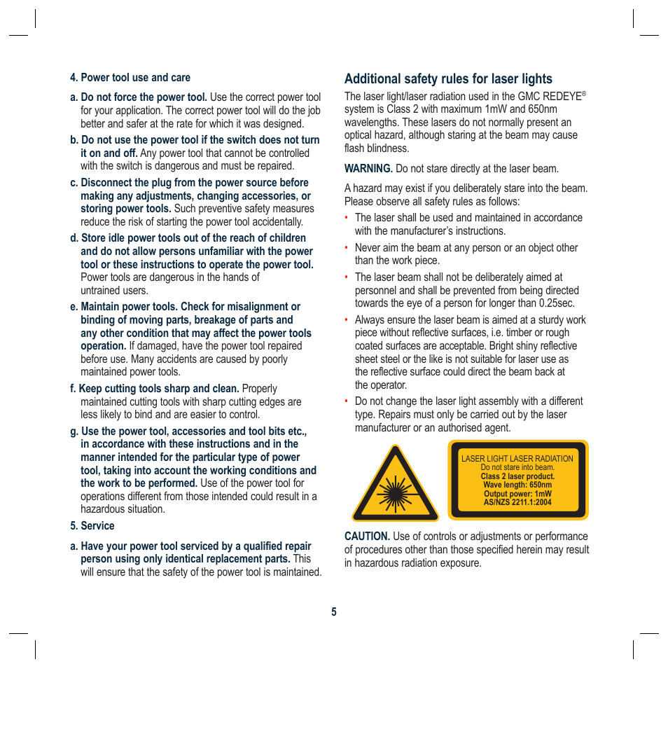 Additional safety rules for laser lights | Global Machinery Company TTS5000M User Manual | Page 5 / 20