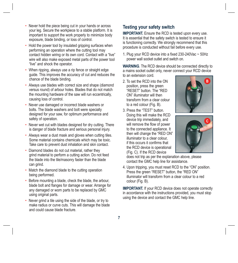 Testing your safety switch | Global Machinery Company TTS5000M User Manual | Page 7 / 20