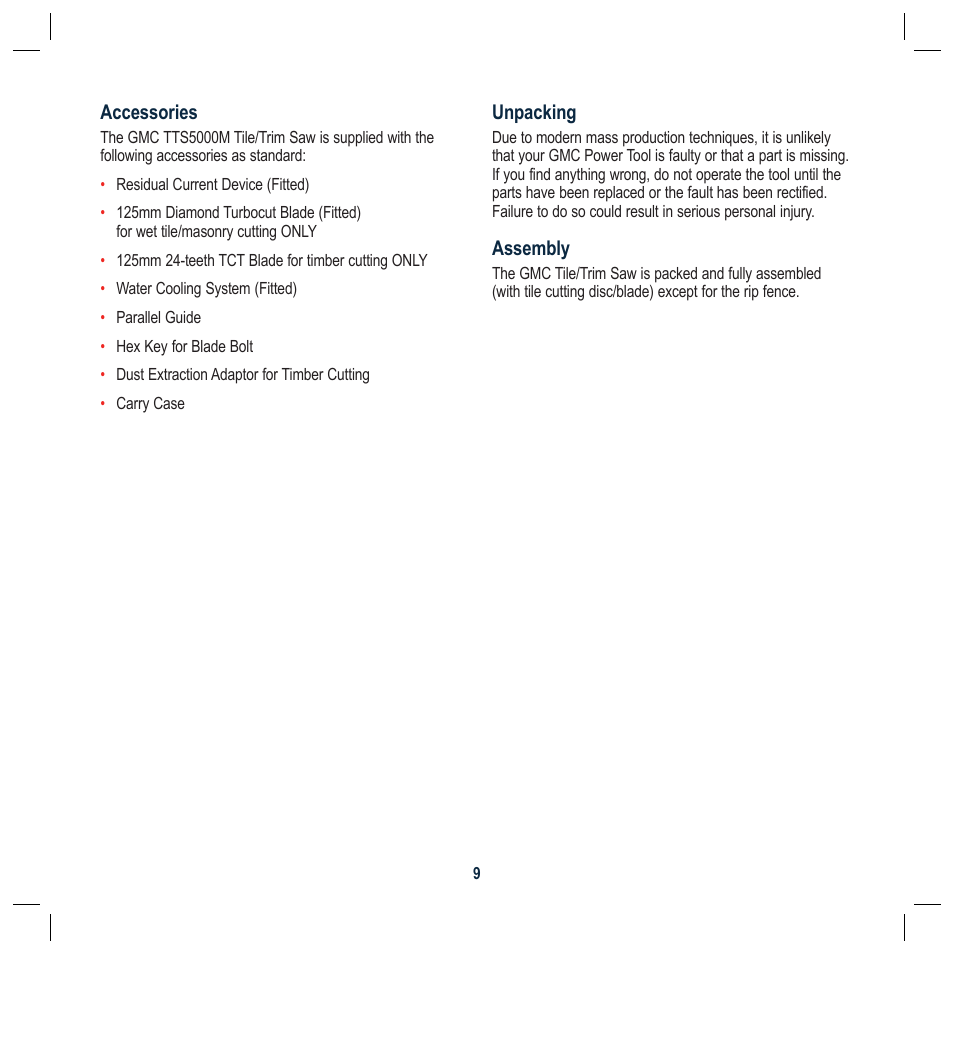 Accessories, Unpacking, Assembly | Global Machinery Company TTS5000M User Manual | Page 9 / 20