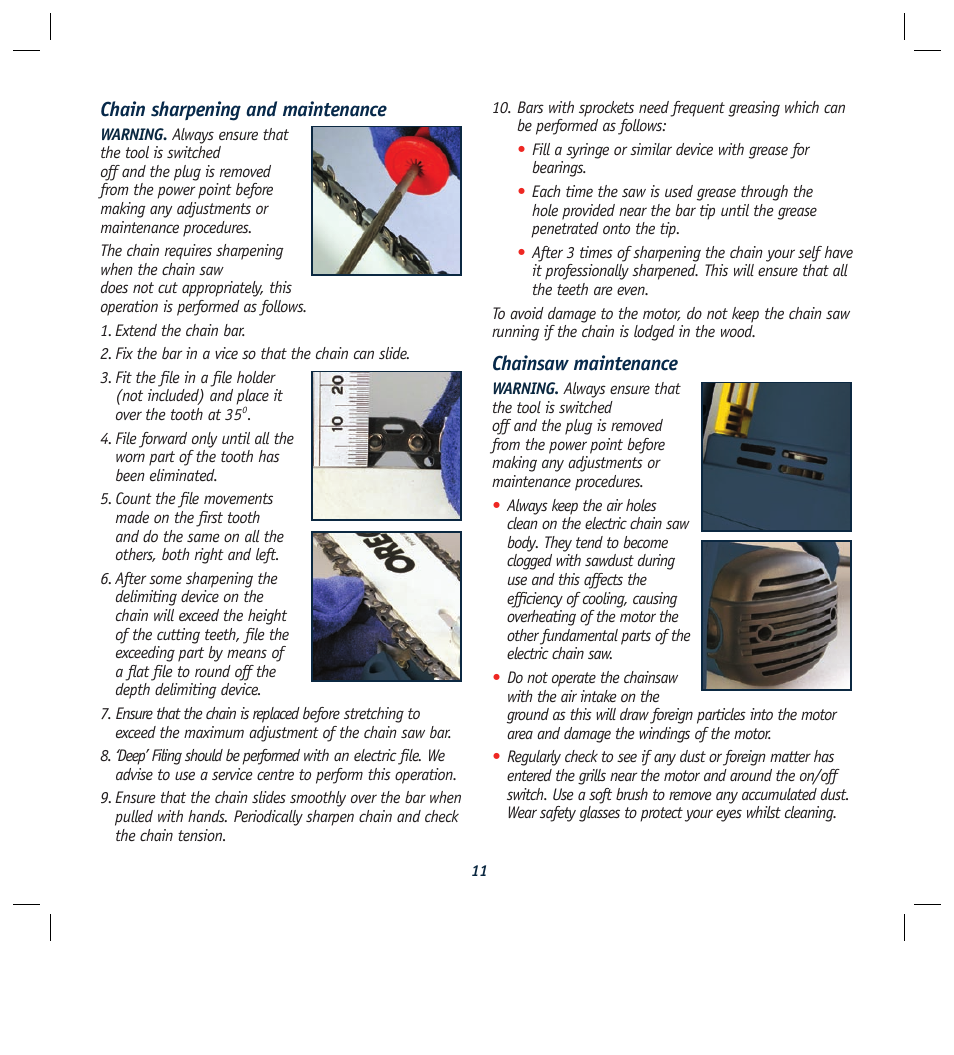 Chain sharpening and maintenance, Chainsaw maintenance | Global Machinery Company ELC2000 User Manual | Page 11 / 16