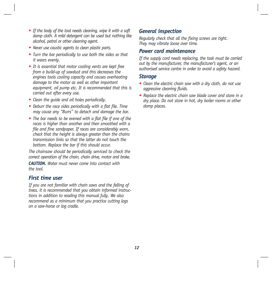 First time user, General inspection, Power cord maintenance | Storage | Global Machinery Company ELC2000 User Manual | Page 12 / 16