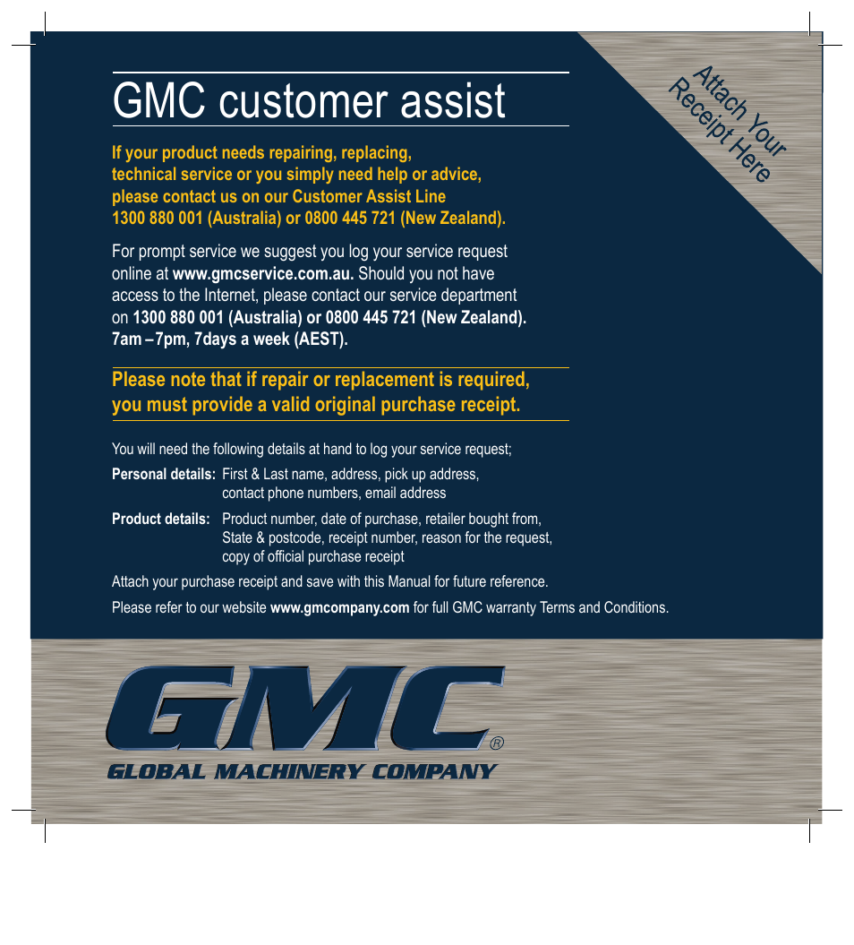 Gmc customer assist | Global Machinery Company ELC2000 User Manual | Page 16 / 16