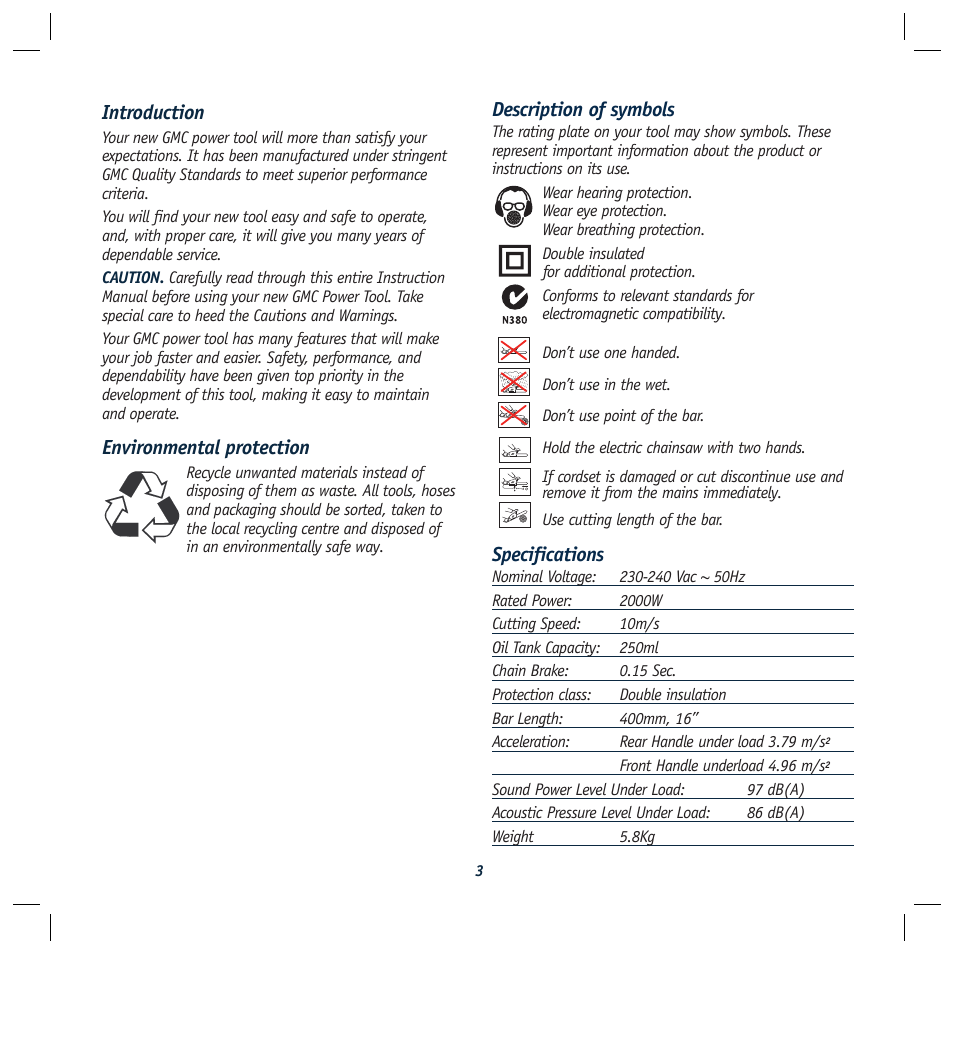 Description of symbols, Specifications, Introduction | Environmental protection | Global Machinery Company ELC2000 User Manual | Page 3 / 16