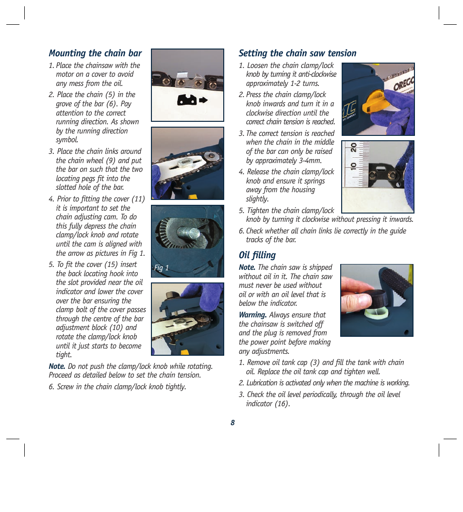 Mounting the chain bar, Setting the chain saw tension, Oil filling | Global Machinery Company ELC2000 User Manual | Page 8 / 16