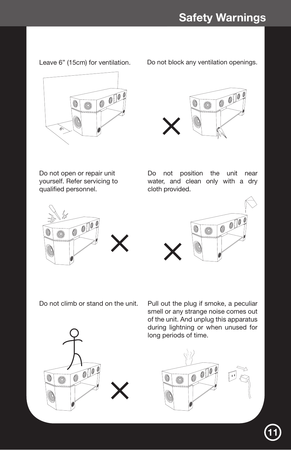 Safety warnings | Greenway Home Products Entertainment & Gaming Center GHP50BL User Manual | Page 13 / 14