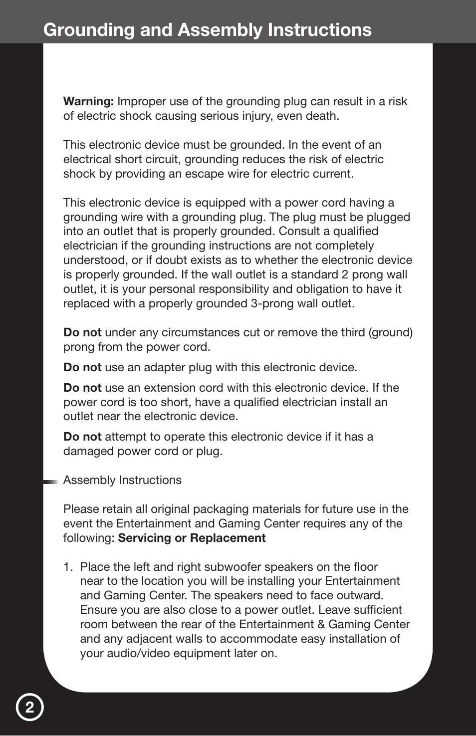 Grounding and assembly instructions | Greenway Home Products Entertainment & Gaming Center GHP50BL User Manual | Page 4 / 14