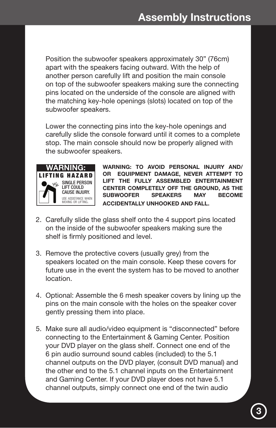 Assembly instructions, Warning | Greenway Home Products Entertainment & Gaming Center GHP50BL User Manual | Page 5 / 14