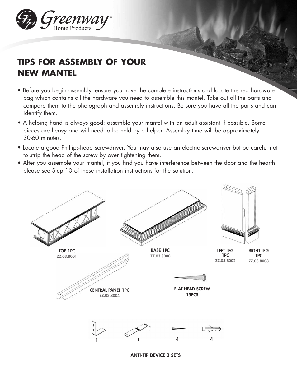 Tips for assembly of your new mantel | Greenway Home Products GEF282ABL User Manual | Page 2 / 7