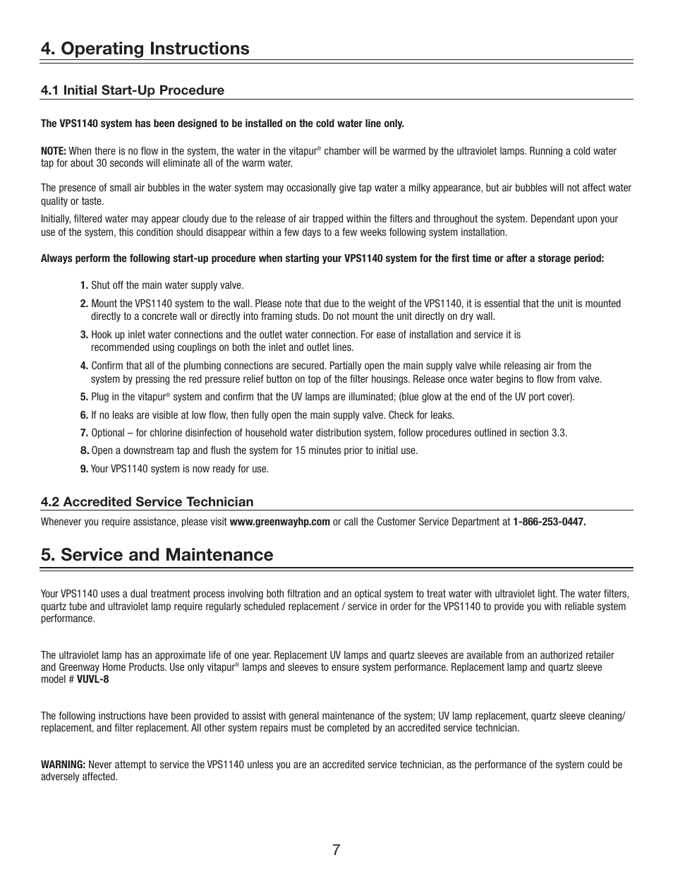 Operating instructions, Service and maintenance | Greenway Home Products VPS1140 User Manual | Page 8 / 13