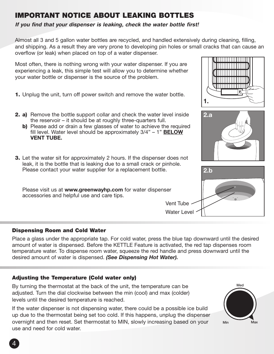 Important notice about leaking bottles | Greenway Home Products PWD8975W User Manual | Page 5 / 9