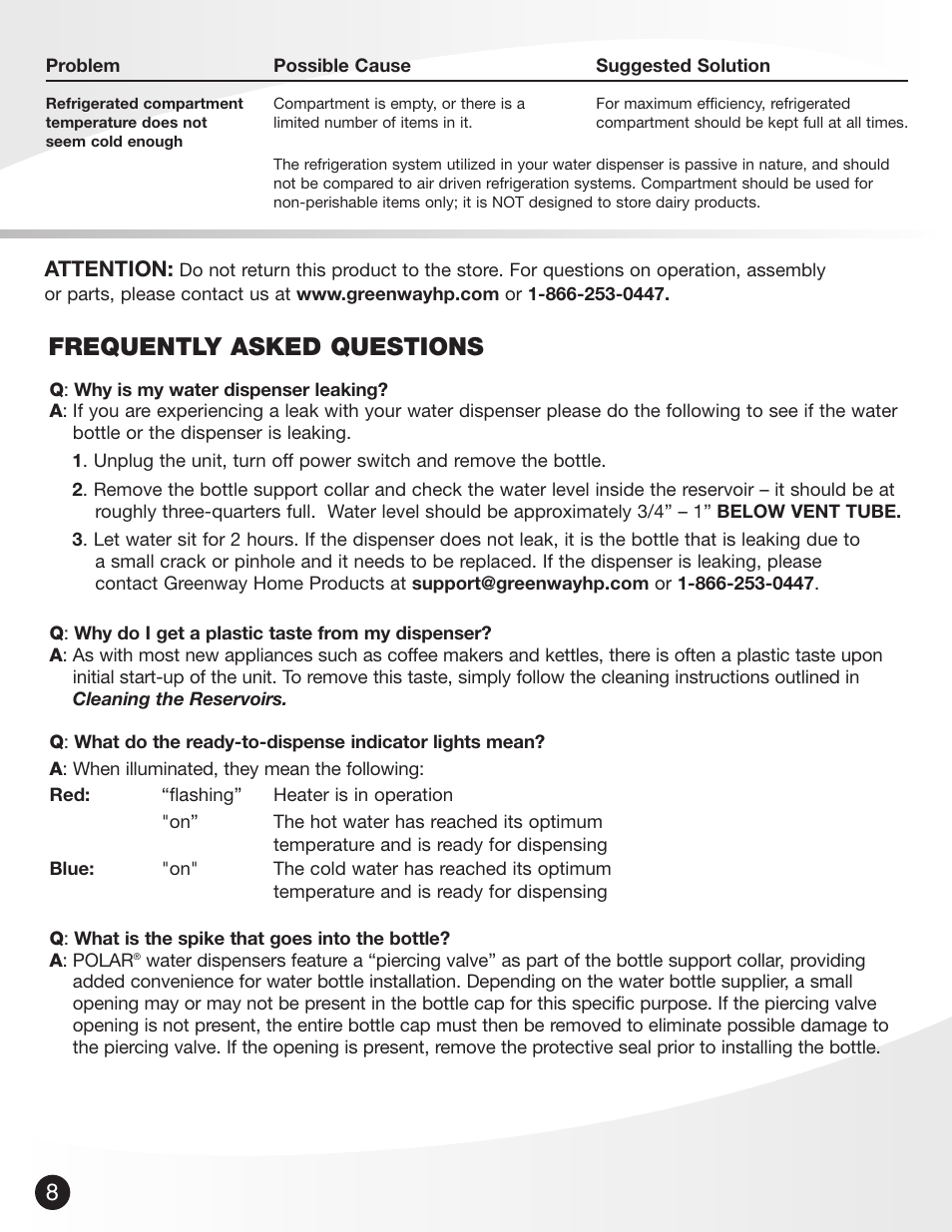 Frequently asked questions, Attention | Greenway Home Products PWD8975W User Manual | Page 9 / 9