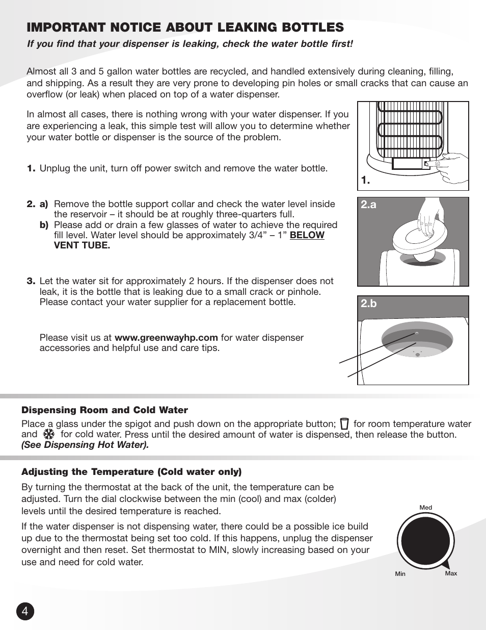 Important notice about leaking bottles, 2.a 2.b | Greenway Home Products GWD5960W User Manual | Page 5 / 9