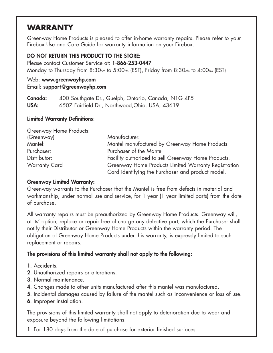 Warranty | Greenway Home Products Muskoka MM254W User Manual | Page 4 / 5