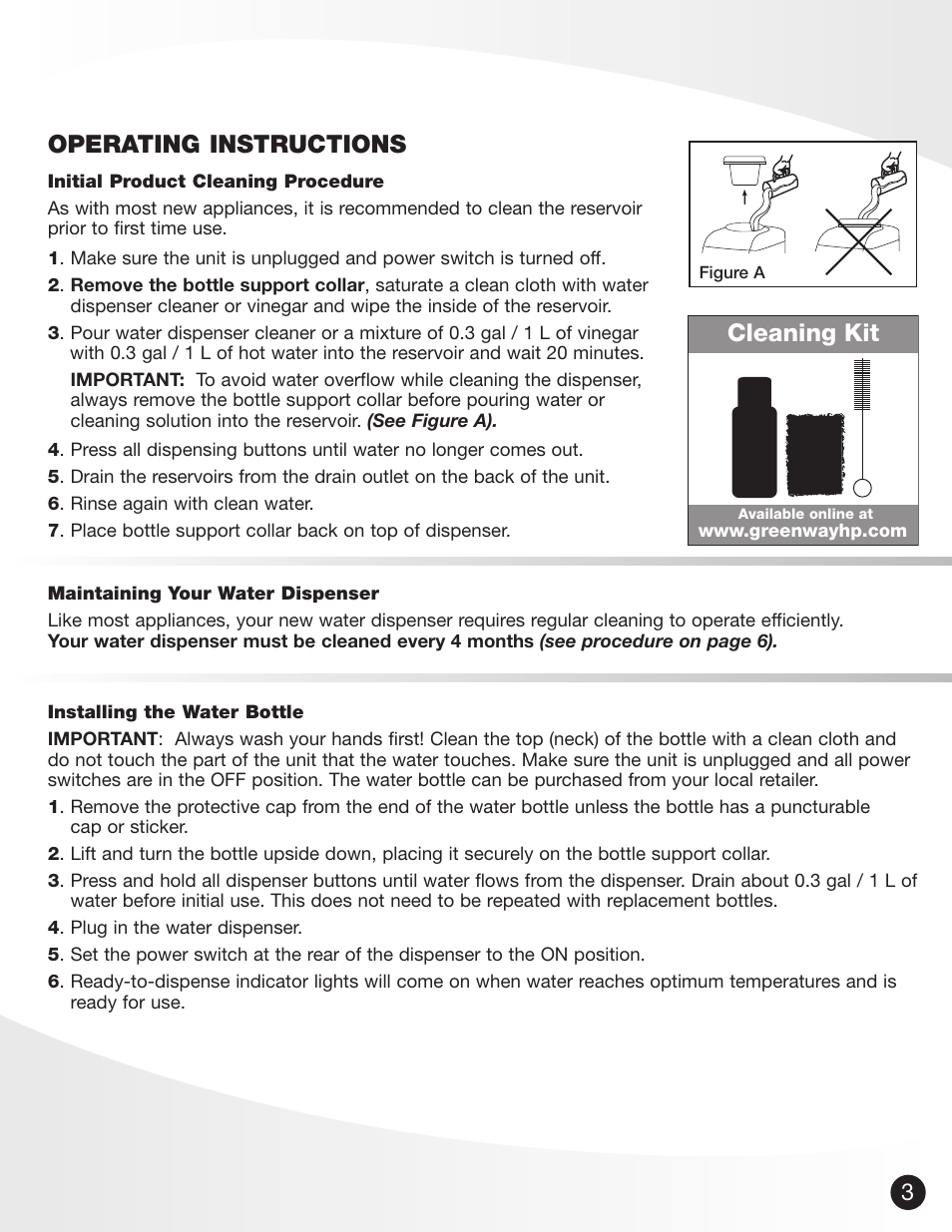 Operating instructions, Cleaning kit | Greenway Home Products GWD860W-3 User Manual | Page 4 / 9