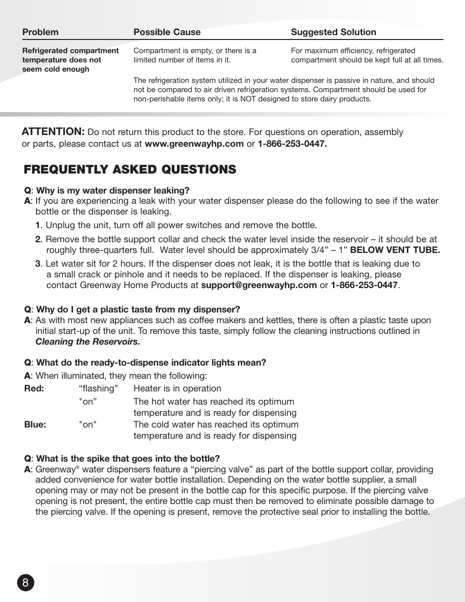 Frequently asked questions, Attention | Greenway Home Products GWD860W-3 User Manual | Page 9 / 9