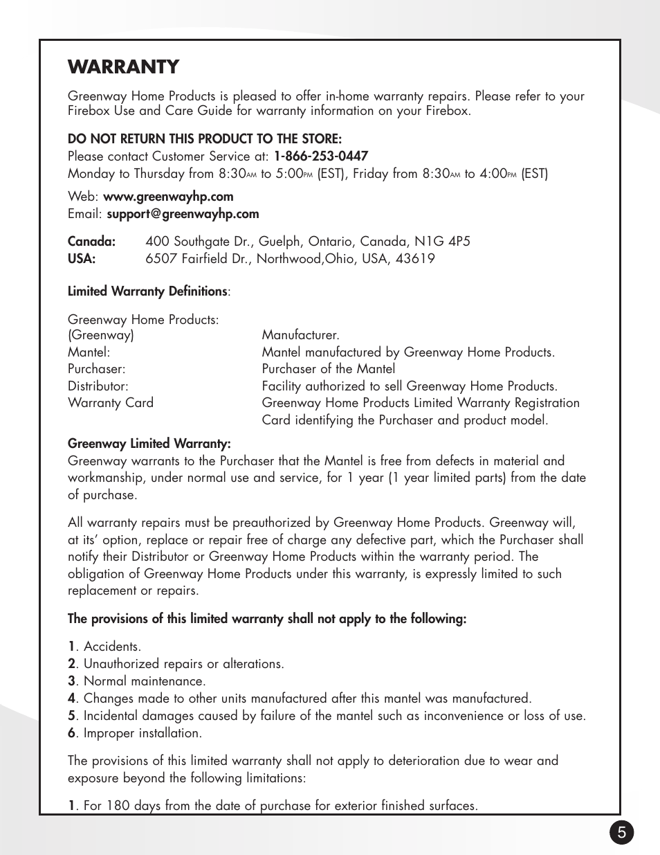 Warranty | Greenway Home Products MM258E User Manual | Page 6 / 7