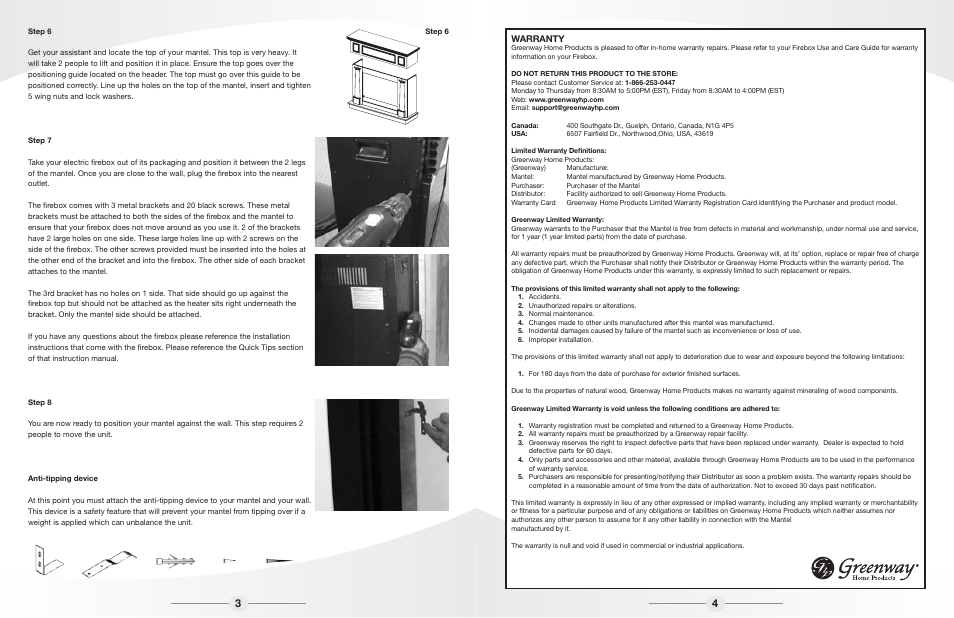 Warranty | Greenway Home Products Electric Fireplace Mantel MEF2808CHG User Manual | Page 3 / 3