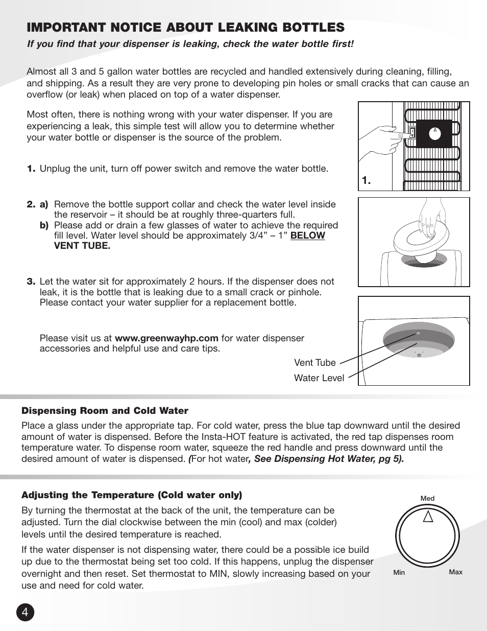 Important notice about leaking bottles | Greenway Home Products VWD5276BLK User Manual | Page 5 / 9