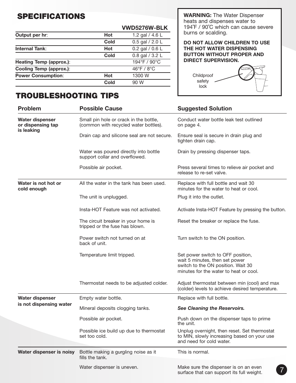 Troubleshooting tips specifications | Greenway Home Products VWD5276BLK User Manual | Page 8 / 9