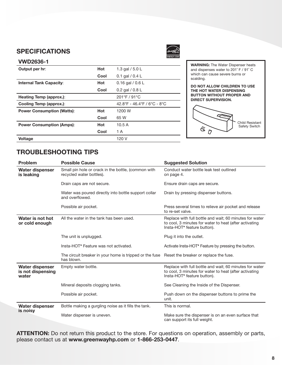 Specifications troubleshooting tips | Greenway Home Products VWD2636BLK-1 User Manual | Page 9 / 10