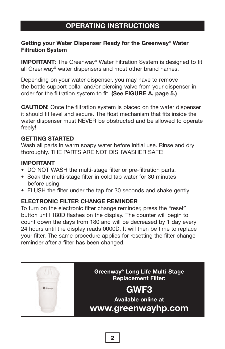 Gwf3, Operating instructions | Greenway Home Products GWF7 User Manual | Page 3 / 8