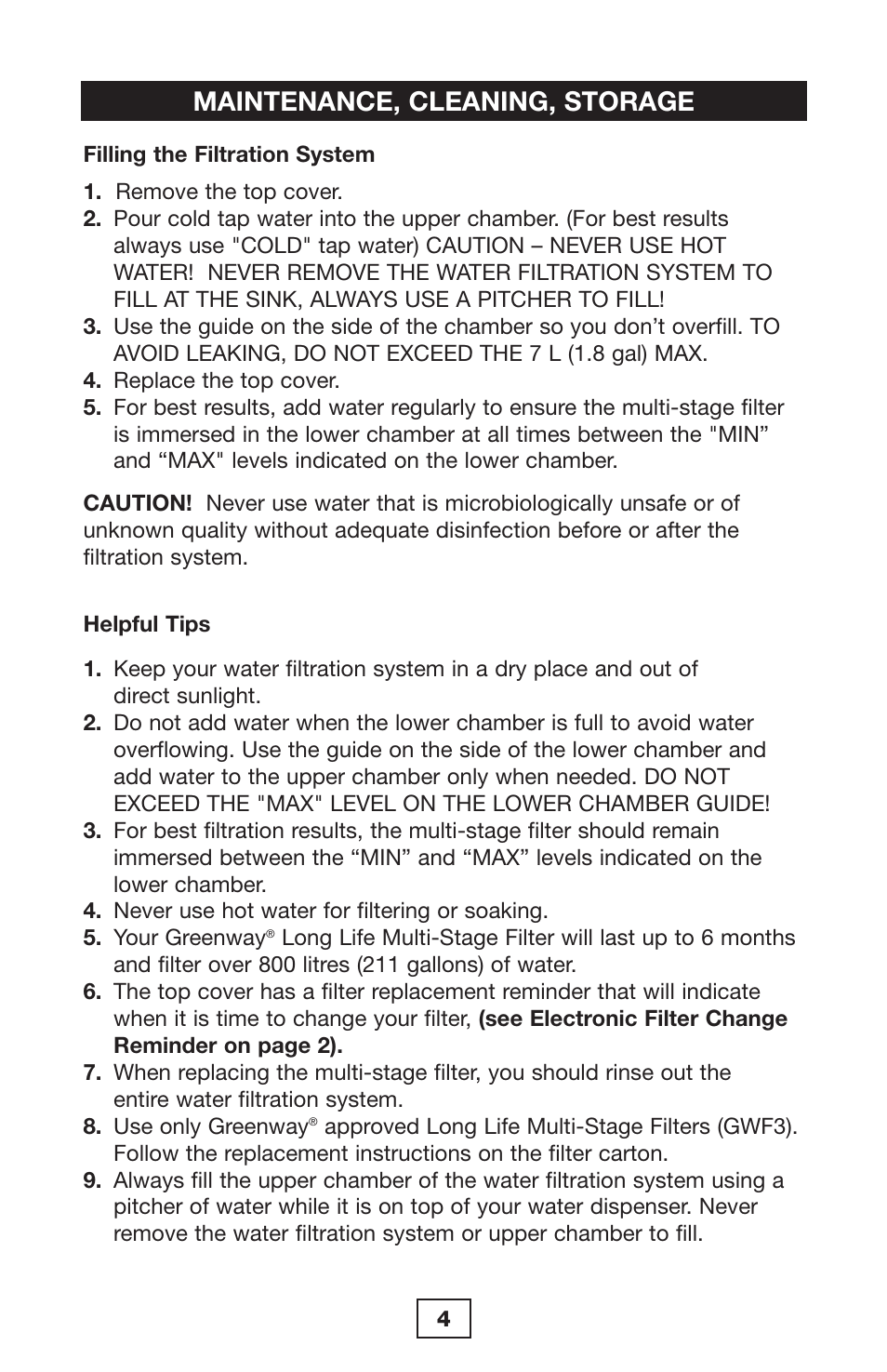 Maintenance, cleaning, storage | Greenway Home Products GWF7 User Manual | Page 5 / 8