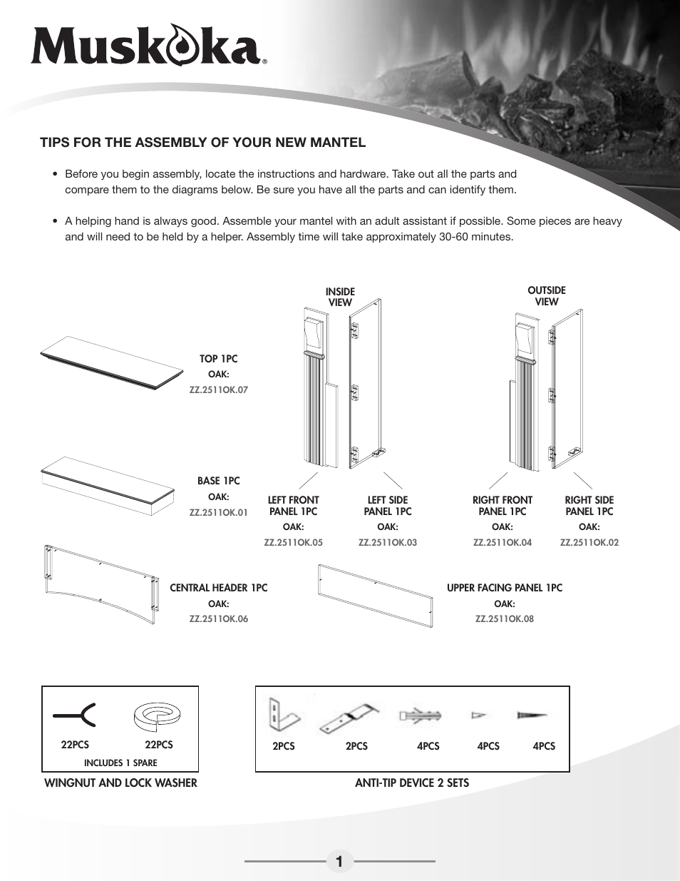 Spring lock 23pcs, Tips for the assembly of your new mantel, Base central header | Upper facing, Right side panel, Right front panel left side panel left front panel | Greenway Home Products Electric Fireplace Mantel MEF2511OK User Manual | Page 2 / 5