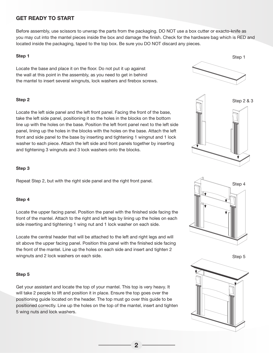Get ready to start, Spring lock 23pcs, Step 1 step 4 step 5 | Step 2 & 3 | Greenway Home Products Electric Fireplace Mantel MEF2511OK User Manual | Page 3 / 5