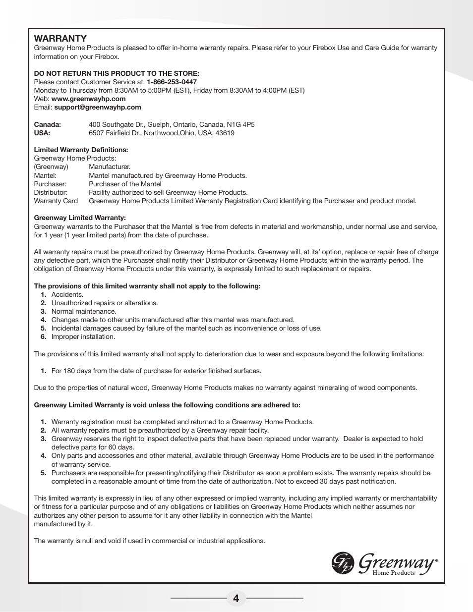 Warranty | Greenway Home Products Electric Fireplace Mantel MEF2511OK User Manual | Page 5 / 5