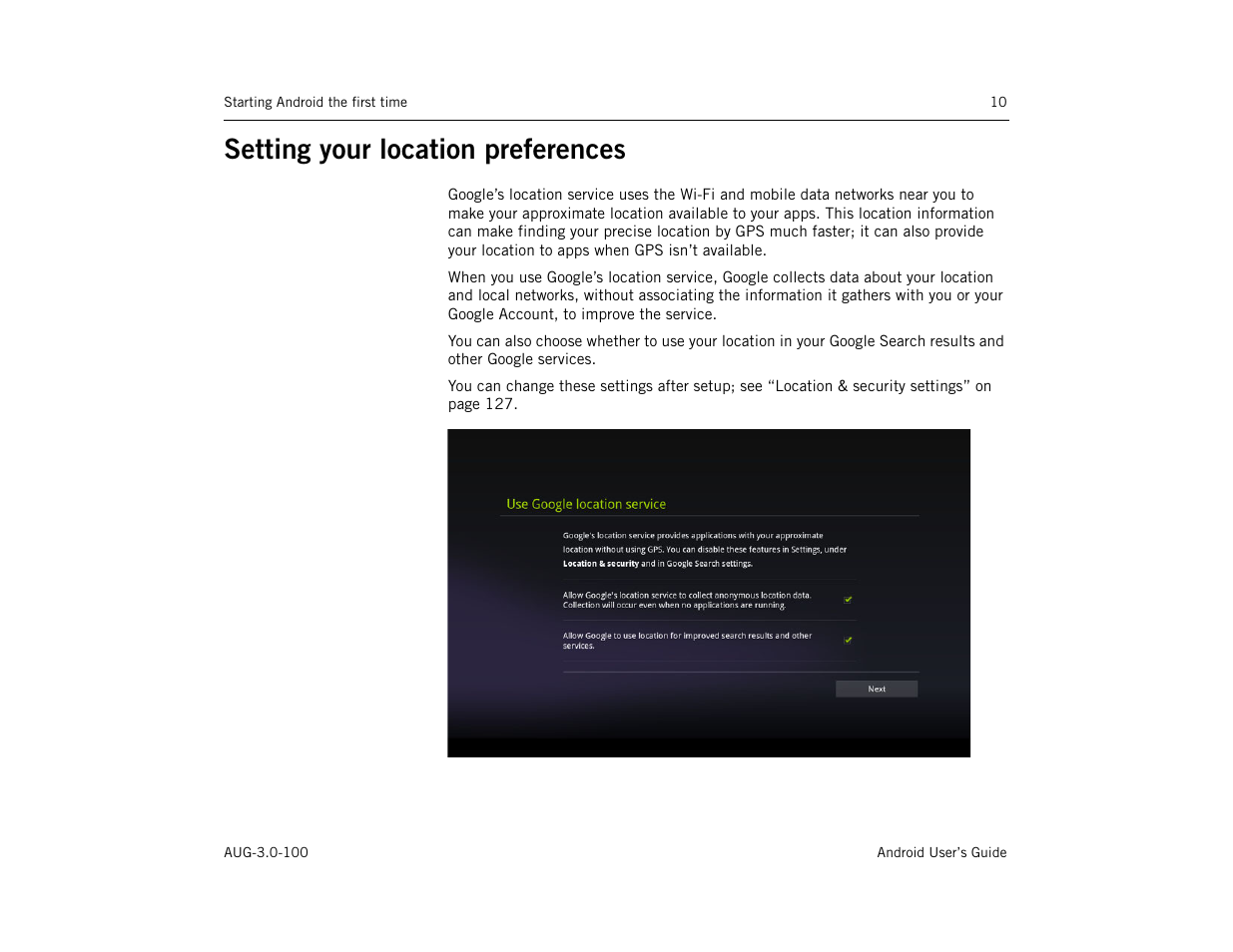 Setting your location preferences, Setting your location preferences 10 | Google ANDROID AUG-3.0-100 User Manual | Page 10 / 140