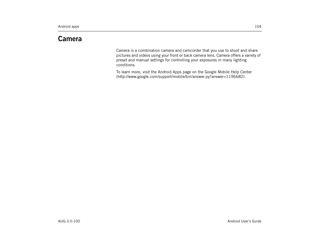 Camera, Camera 104 | Google ANDROID AUG-3.0-100 User Manual | Page 104 / 140