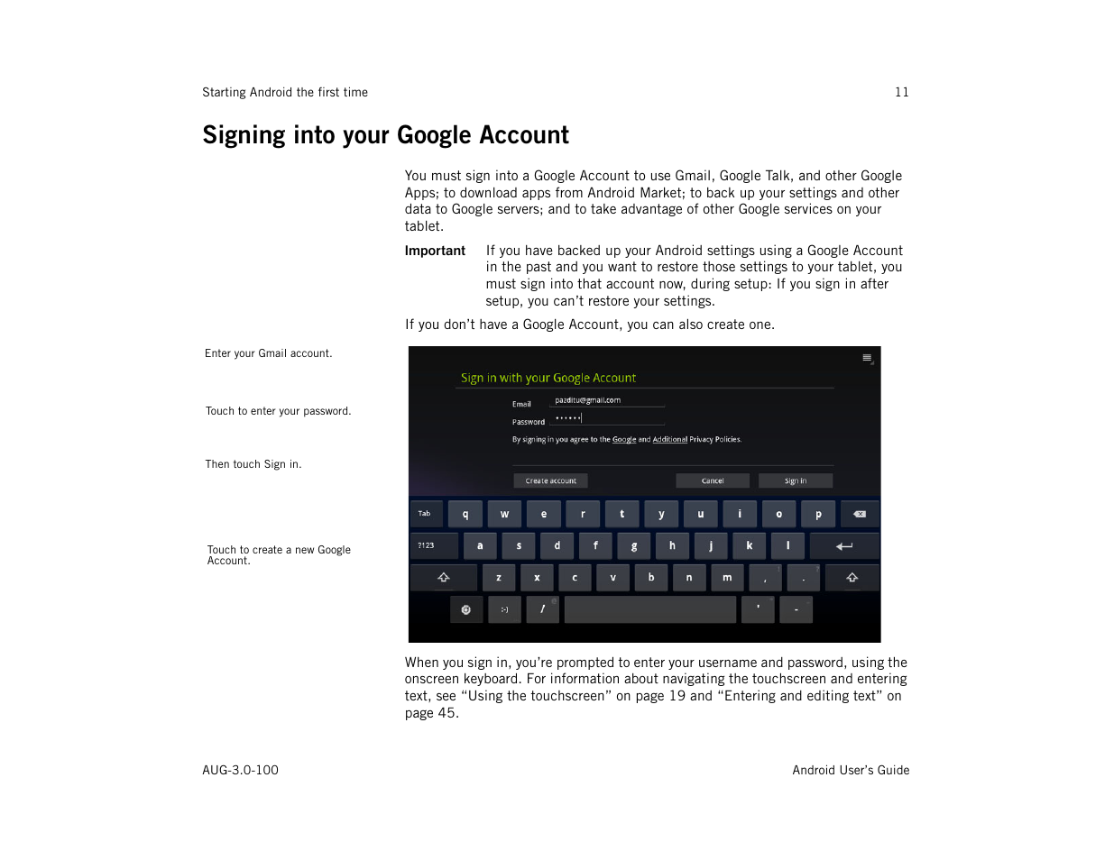 Signing into your google account, Signing into your google account 11 | Google ANDROID AUG-3.0-100 User Manual | Page 11 / 140