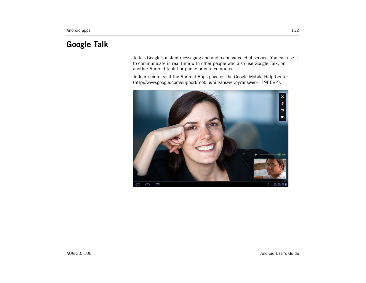Google talk, Google talk 112 | Google ANDROID AUG-3.0-100 User Manual | Page 112 / 140