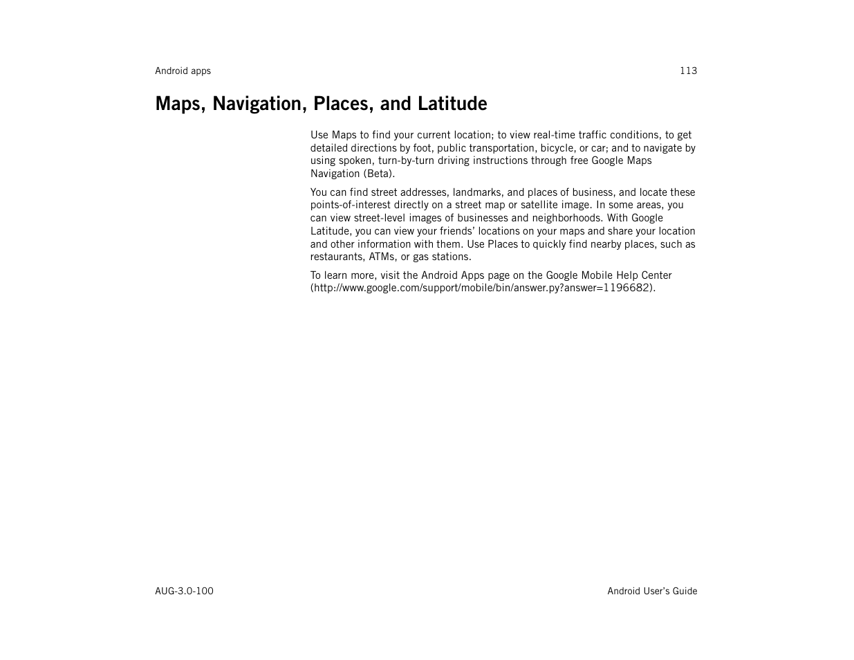 Maps, navigation, places, and latitude, Maps, navigation, places, and latitude 113 | Google ANDROID AUG-3.0-100 User Manual | Page 113 / 140