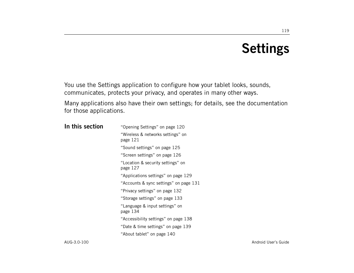 Settings, Settings 119 | Google ANDROID AUG-3.0-100 User Manual | Page 119 / 140
