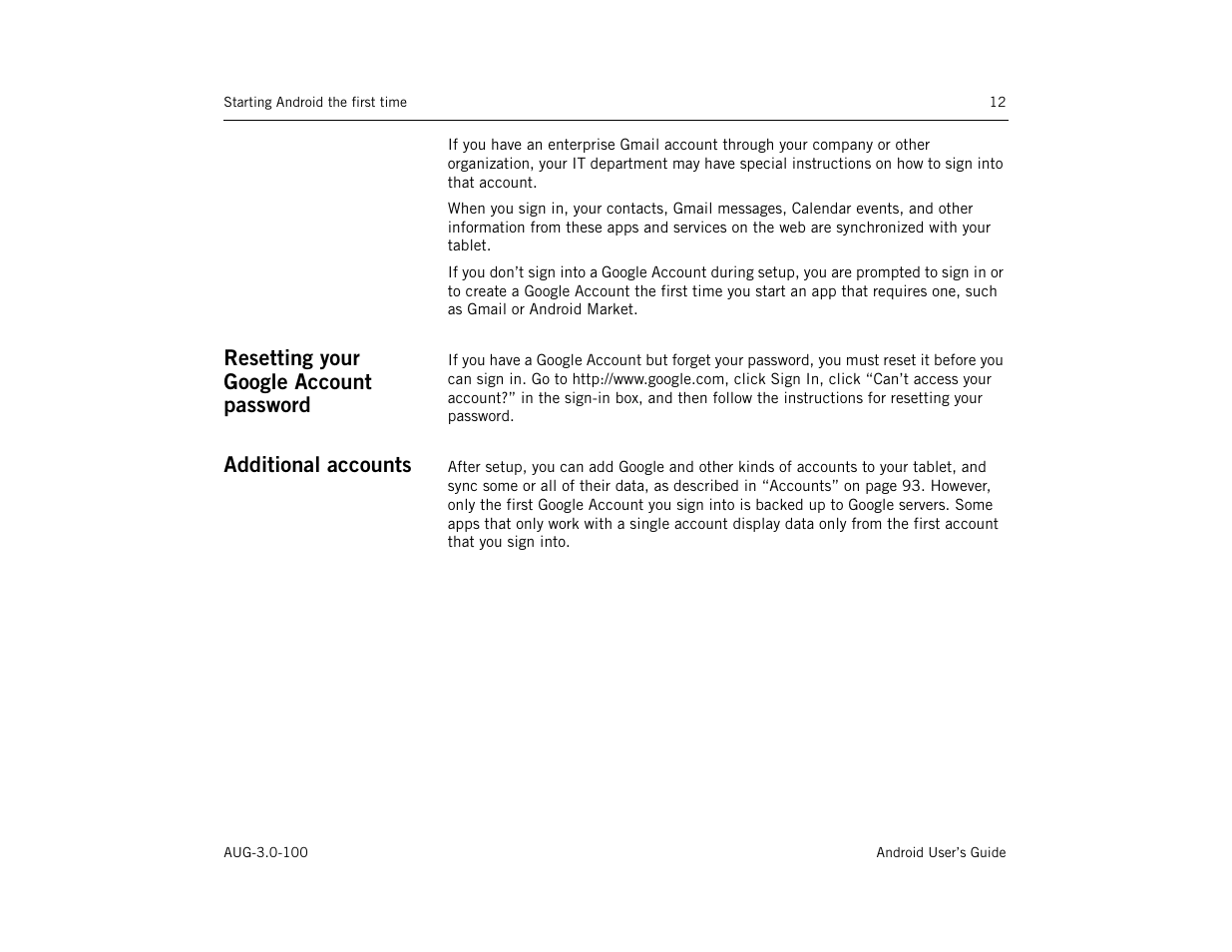 Resetting your google account password, Additional accounts | Google ANDROID AUG-3.0-100 User Manual | Page 12 / 140