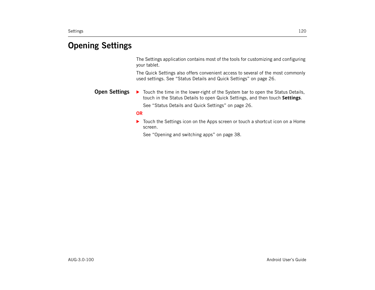 Opening settings, Open settings, Opening settings 120 | Google ANDROID AUG-3.0-100 User Manual | Page 120 / 140