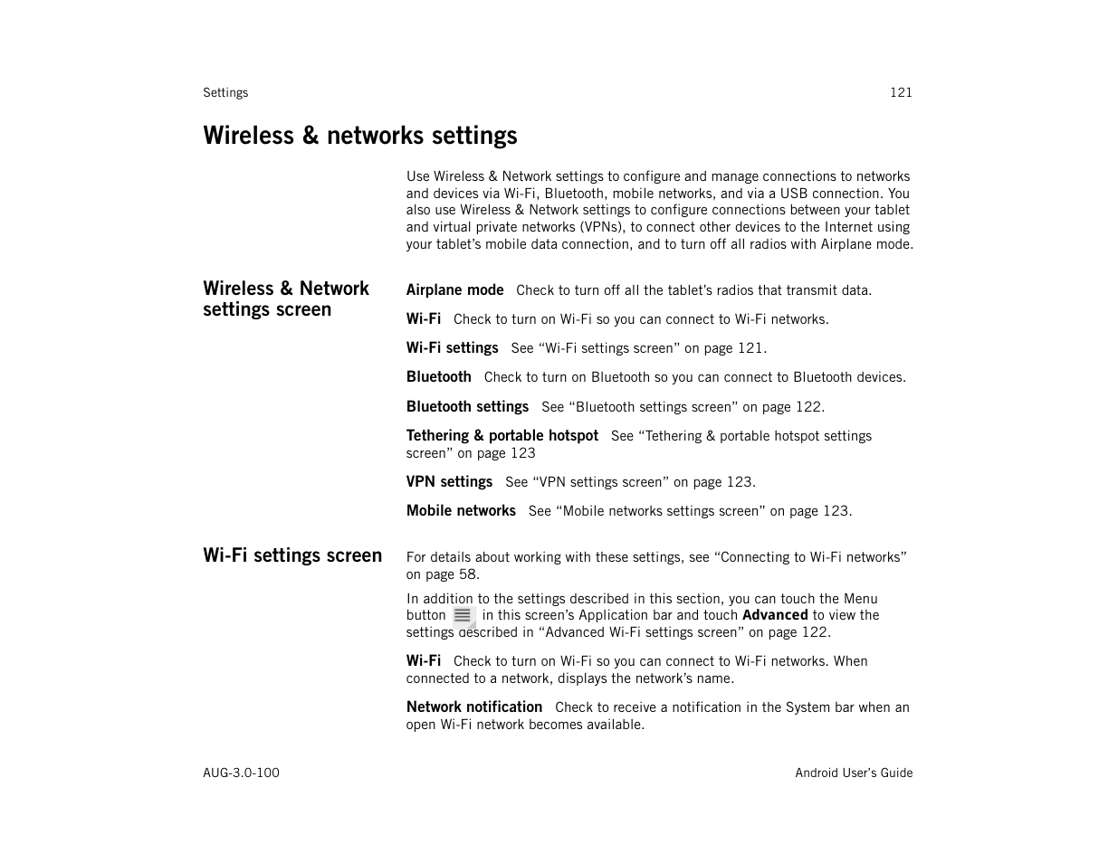 Wireless & networks settings, Wireless & network settings screen, Airplane mode | Wi-fi, Wi-fi settings, Bluetooth, Bluetooth settings, Tethering & portable hotspot, Vpn settings, Mobile networks | Google ANDROID AUG-3.0-100 User Manual | Page 121 / 140